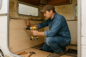 A man carrying out a caravan renovation
