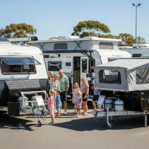 A family is browsing caravans on display at an EOFY Sale in 2025