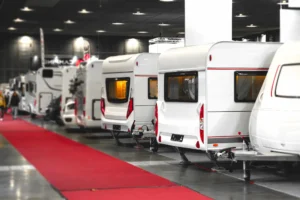 Caravan and mobile home fair. New mobile homes in the salon.