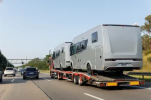 Two new modern motorhomes transported trailer truck