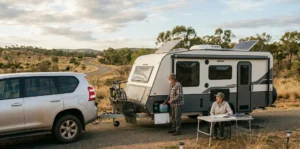 An older couple camping with a caravan and SUV in a scenic, hilly landscape.