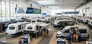 Attendees at an Australian caravan expo explore new models and meet with specialist brokers to compare low-interest caravan finance and loan products.