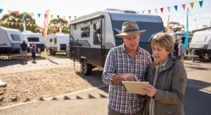 Buyers exercising caution at an RV sales lot, using a digital device to check the fine print, "from" pricing, and finance offers before committing to a purchase.