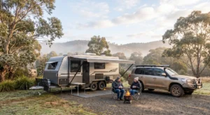 A photo-realistic image of a couple in warm winter clothing sitting by a small campfire in front of their caravan and 4WD vehicle in a misty, tree-lined Australian mountain valley at dawn.